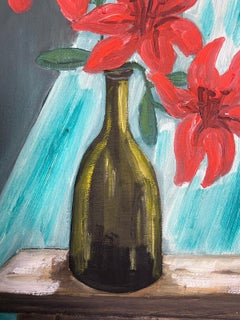 French Impressionist Still Life Red Lilies In Green Glass Bottle In Window Sill