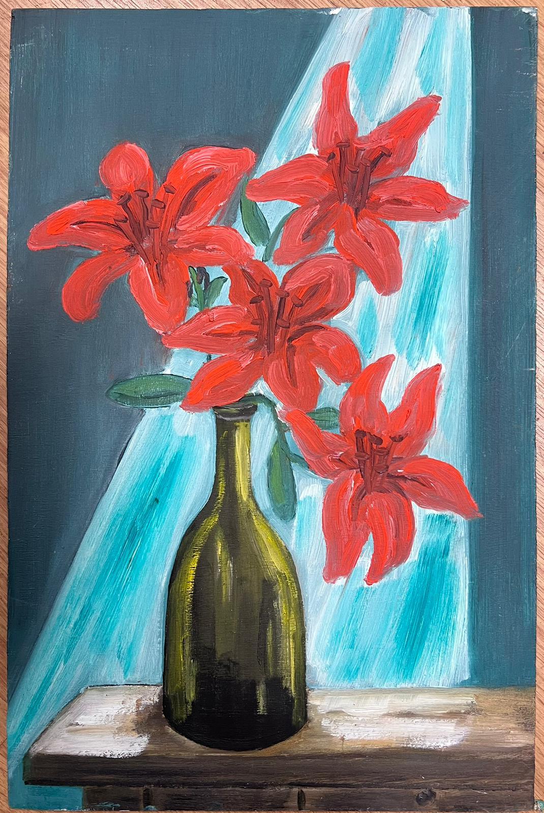 French Impressionist Still Life Red Lilies In Green Glass Bottle In Window Sill  For Sale 1