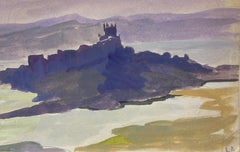 French Impressionist Watercolour Dark Purple Castle Island in Sea Landscape