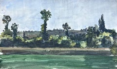 French Impressionist Watercolour Green River Bank Landscape