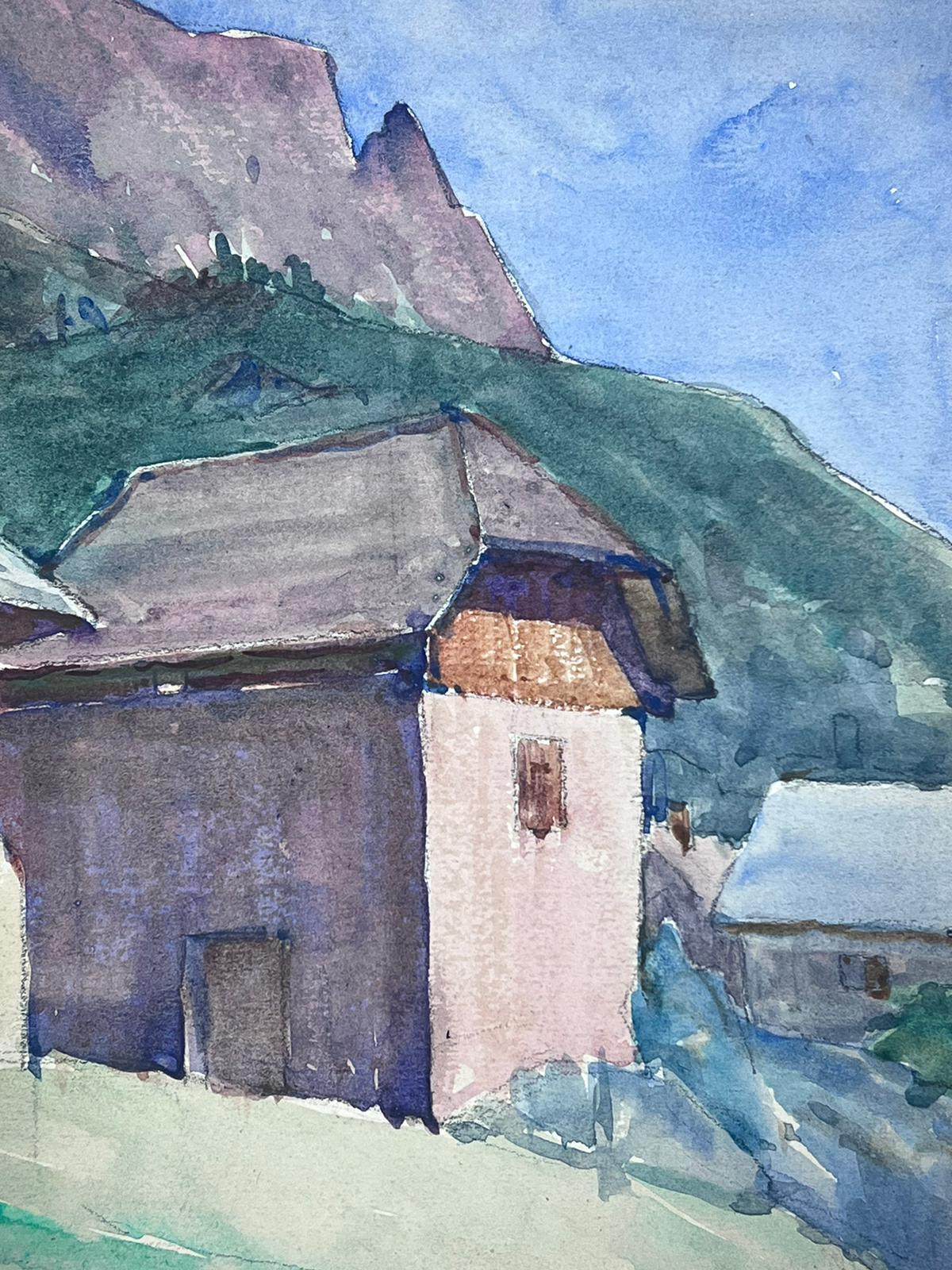 French Impressionist Watercolour House In Mountains Landscape - Painting by Louise Alix