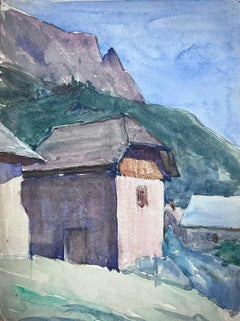 French Impressionist Watercolour House In Mountains Landscape