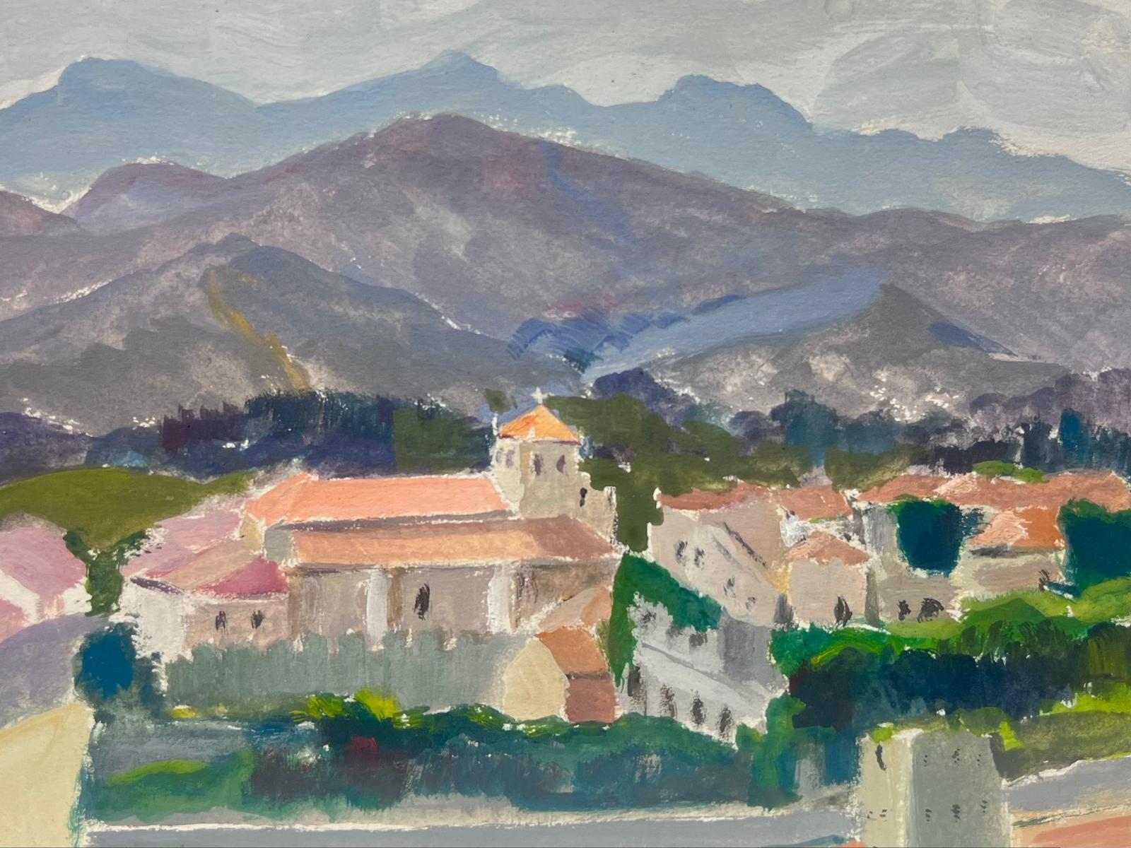 Französische impressionistische Aquarell-Stadtlandschaft mit orangefarbenem Dachdekor – Painting von Louise Alix