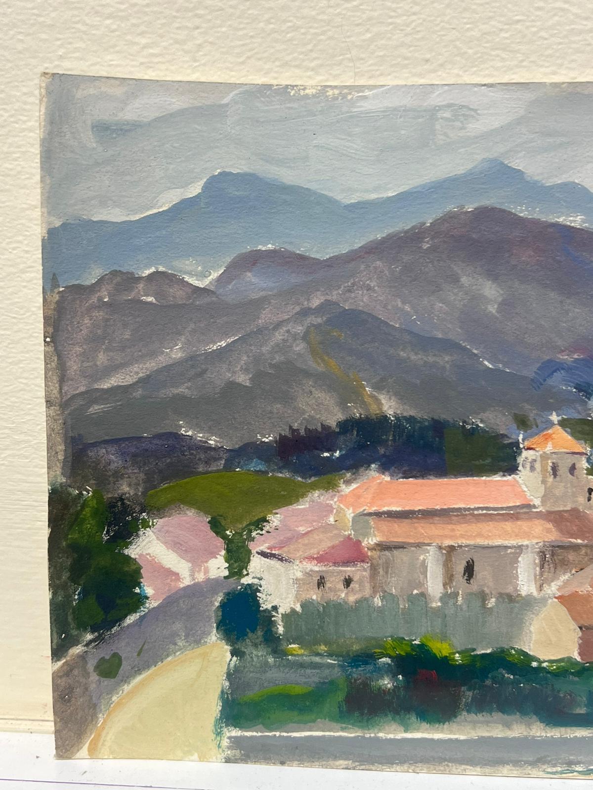Französische impressionistische Aquarell-Stadtlandschaft mit orangefarbenem Dachdekor (Impressionismus), Painting, von Louise Alix
