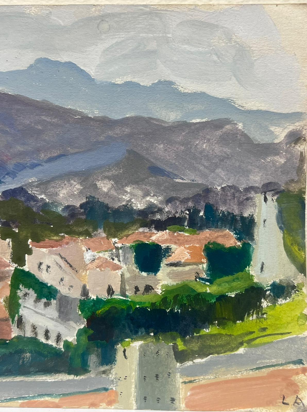 Französische impressionistische Aquarell-Stadtlandschaft mit orangefarbenem Dachdekor (Grau), Landscape Painting, von Louise Alix