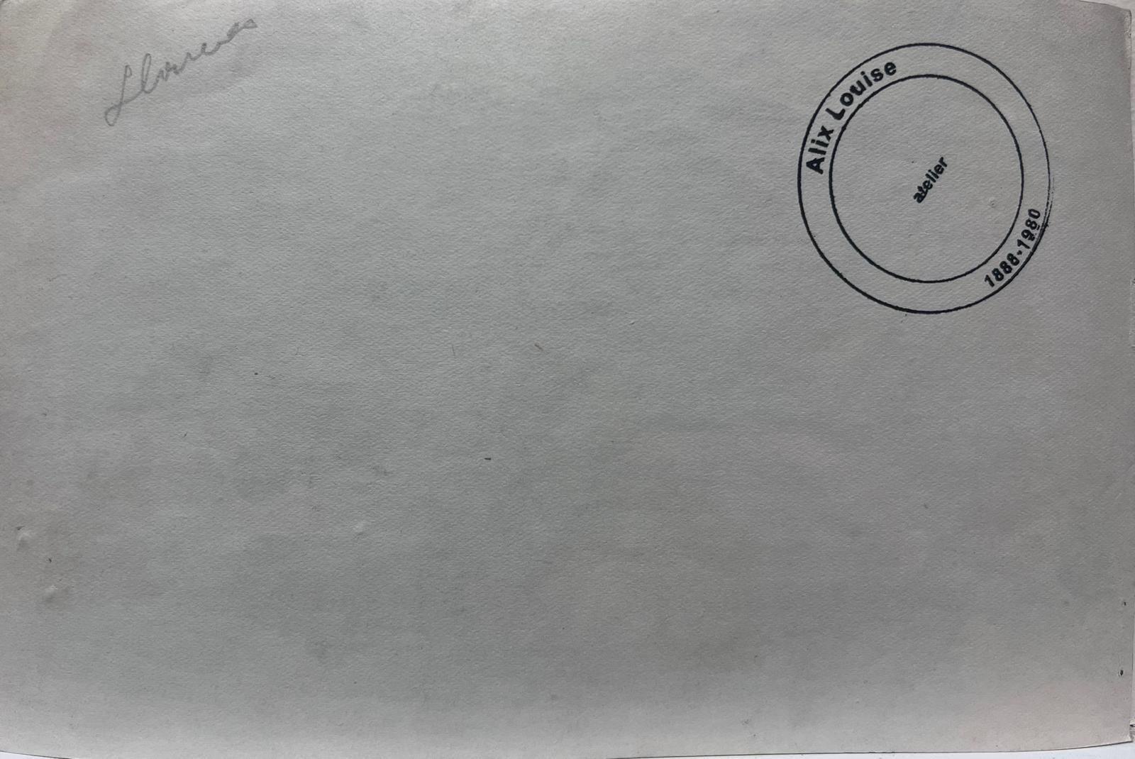 Französische Landschaft
von Louise Alix (Französisch, 1888-1980) *siehe Anmerkungen unten
Provenienzstempel auf der Rückseite 
Aquarell auf Künstlerpapier, ungerahmt
unterzeichnete Intialen
Maße: 5 hoch durch 8 Zoll breit
Zustand: insgesamt sehr gut