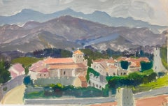 Französische impressionistische Aquarell-Stadtlandschaft mit orangefarbenem Dachdekor