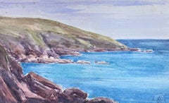 French Impressionist Watercolour Painting Green Cliffs Along Bright Blue Sea