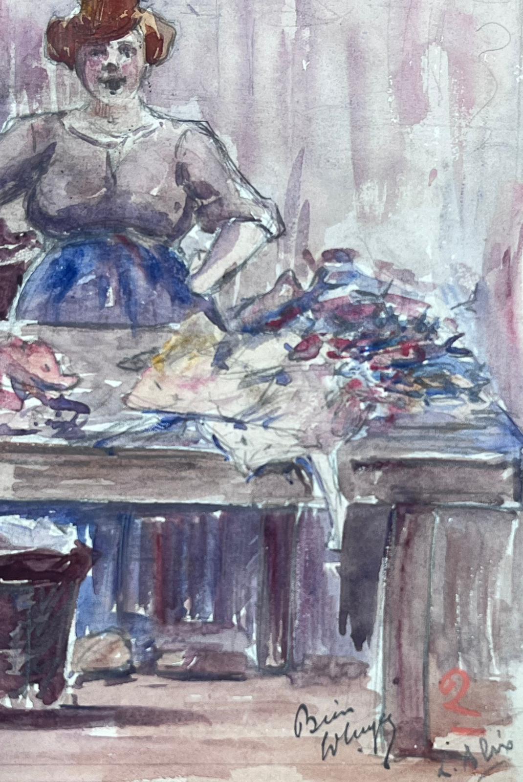 Acquerello impressionista francese Cameriera che smista i vestiti - Painting di Louise Alix