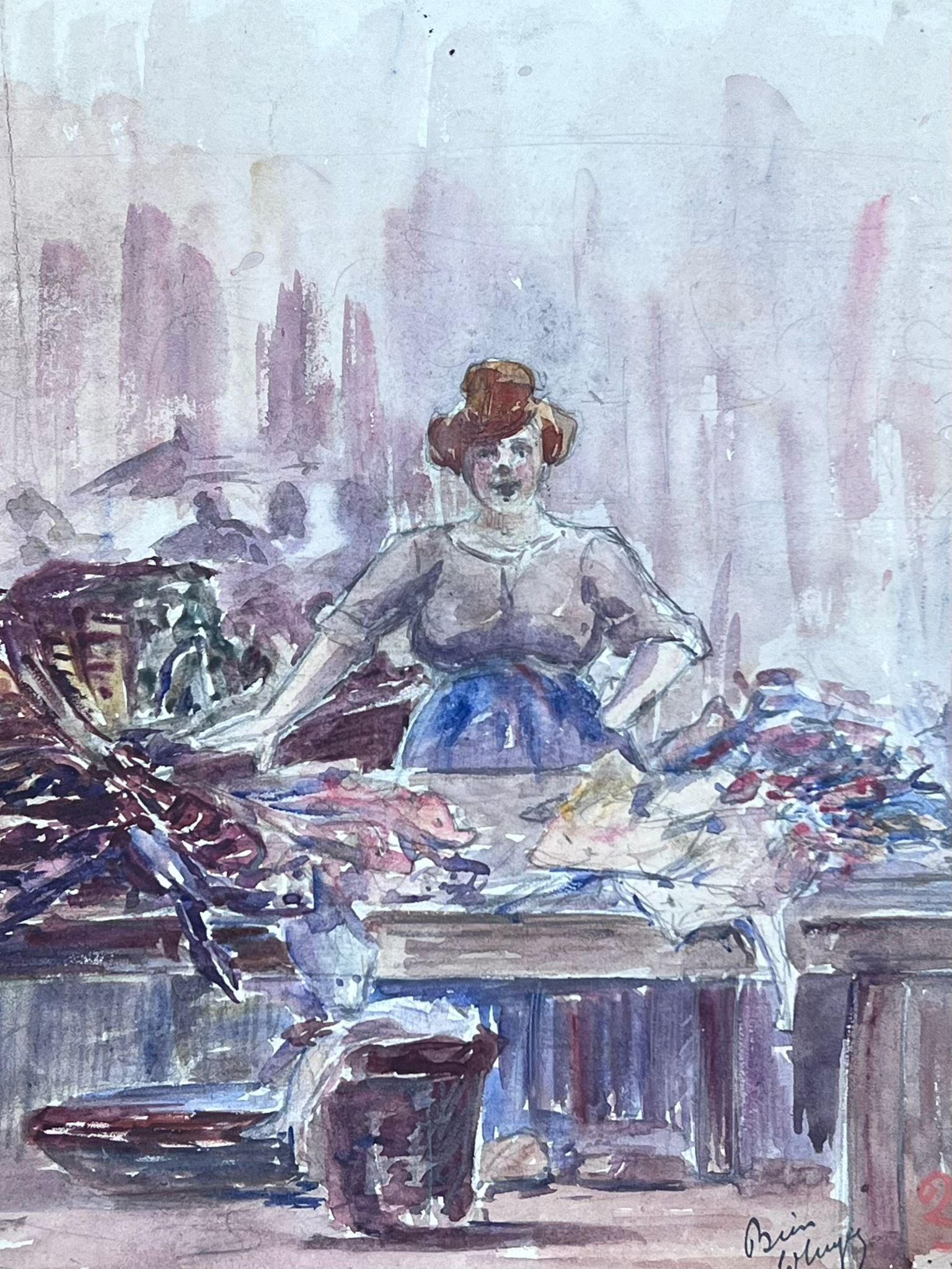 Acquerello impressionista francese Cameriera che smista i vestiti - Portrait Painting Grigio di Louise Alix