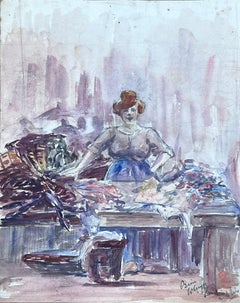 Vintage French Impressionist Watercolour Painting Maid Sorting Clothing 