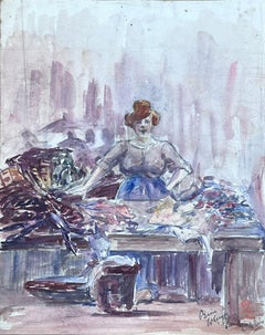French Impressionist Watercolour Painting Maid Sorting Clothing