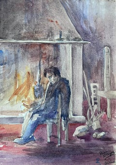 French Impressionist Watercolour Painting Man Slouched By The Fire Place