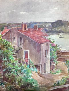 French Impressionist Watercolour Painting Red Roof Side Town House Along The Sea
