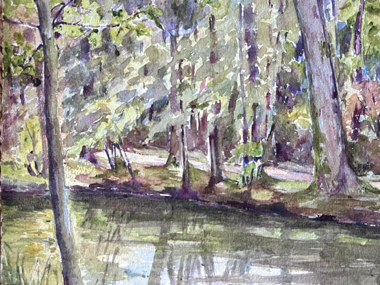 French Impressionist Watercolour Painting River Bank Tree Reflection  - Gray Landscape Painting by Louise Alix