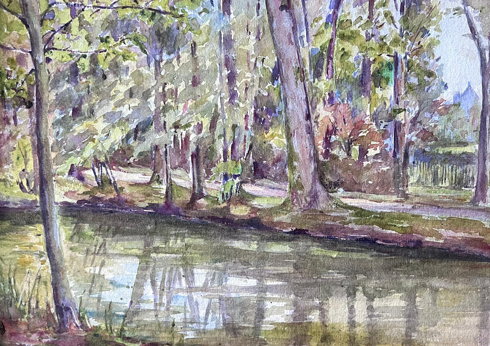 French Impressionist Watercolour Painting River Bank Tree Reflection  For Sale 2