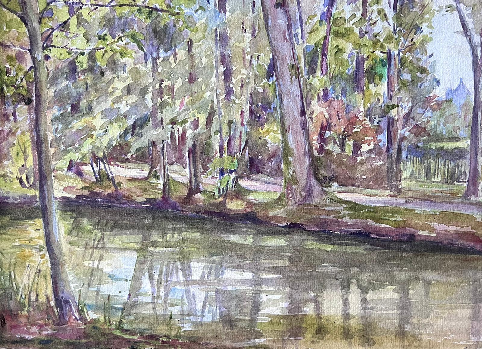 Louise Alix Landscape Painting - French Impressionist Watercolour Painting River Bank Tree Reflection 