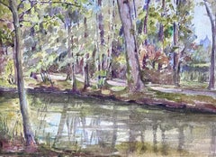 Französisch-impressionistisches Aquarellgemälde, Flussbank-Baum-Reflexion 