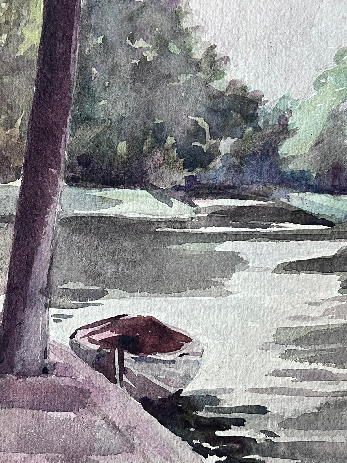Französisches impressionistisches Aquarellgemälde des Impressionismus, Flussboot auf dem Gloomy River – Painting von Louise Alix