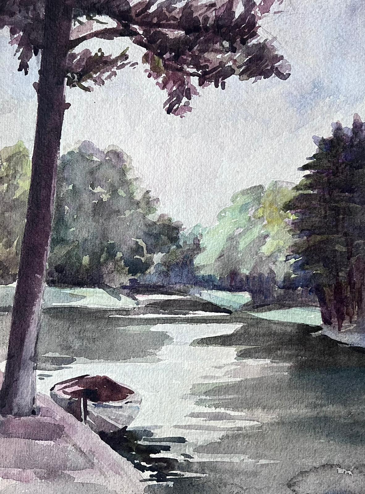 Französisches impressionistisches Aquarellgemälde des Impressionismus, Flussboot auf dem Gloomy River im Angebot 1