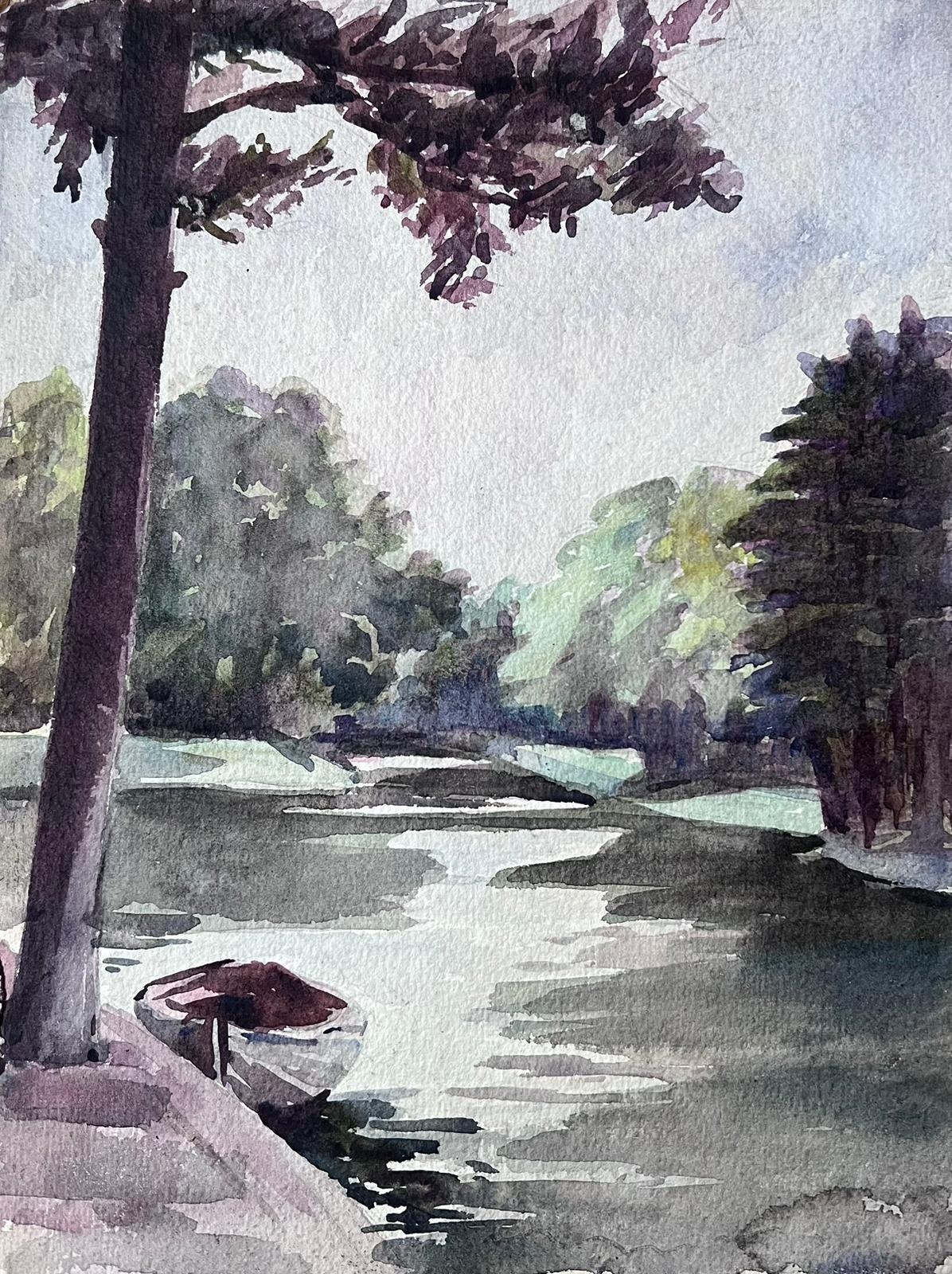 Louise Alix Landscape Painting – Französisches impressionistisches Aquarellgemälde des Impressionismus, Flussboot auf dem Gloomy River