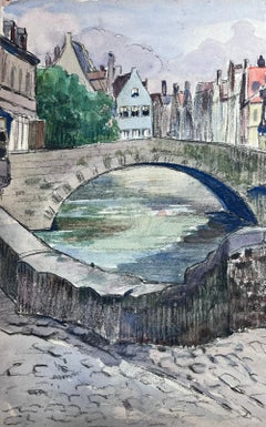 French Impressionist Watercolour Painting Stone Bridge Through French Town