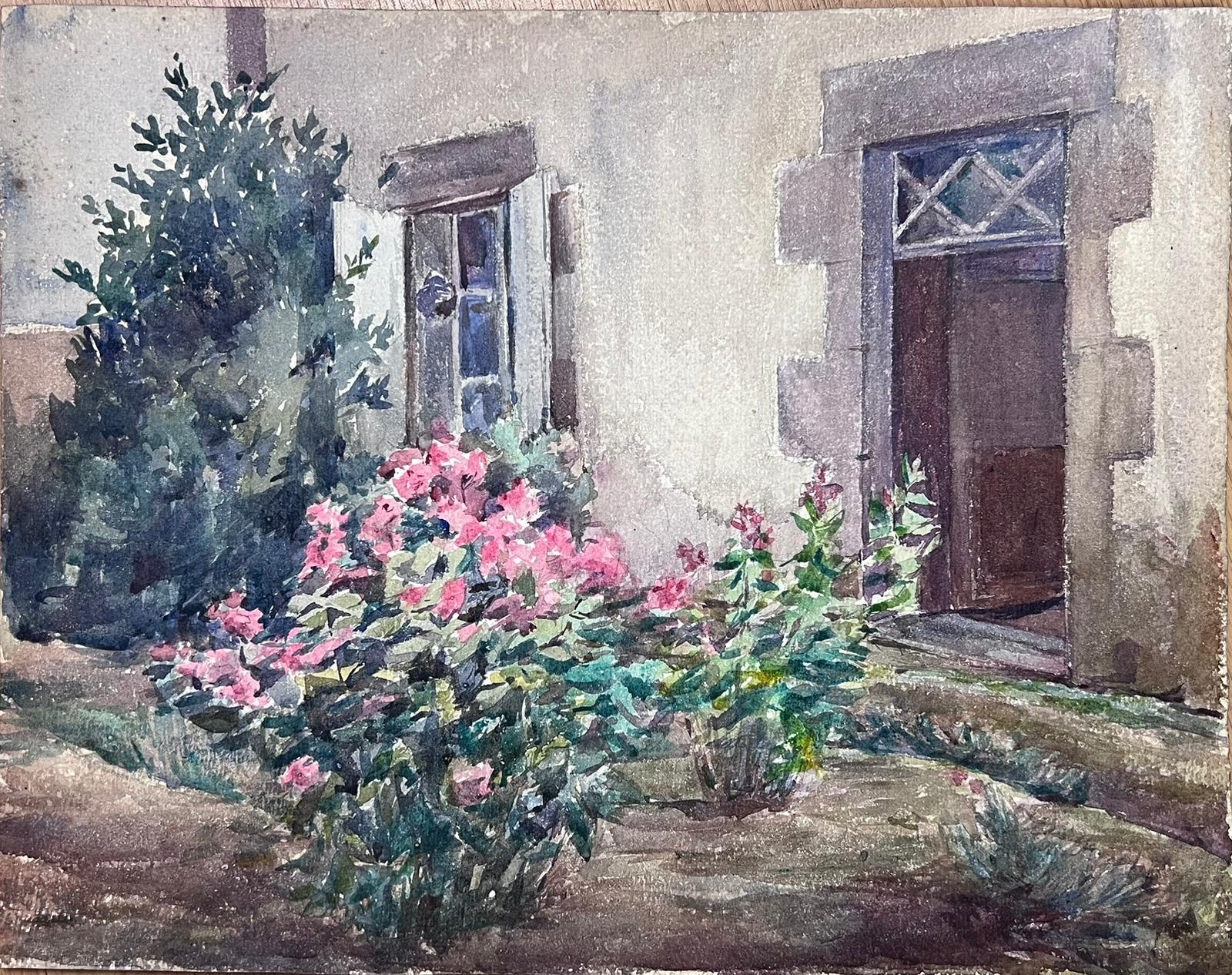 French Impressionist Watercolour Painting Stone Floral Courtyard - Gray Landscape Painting by Louise Alix