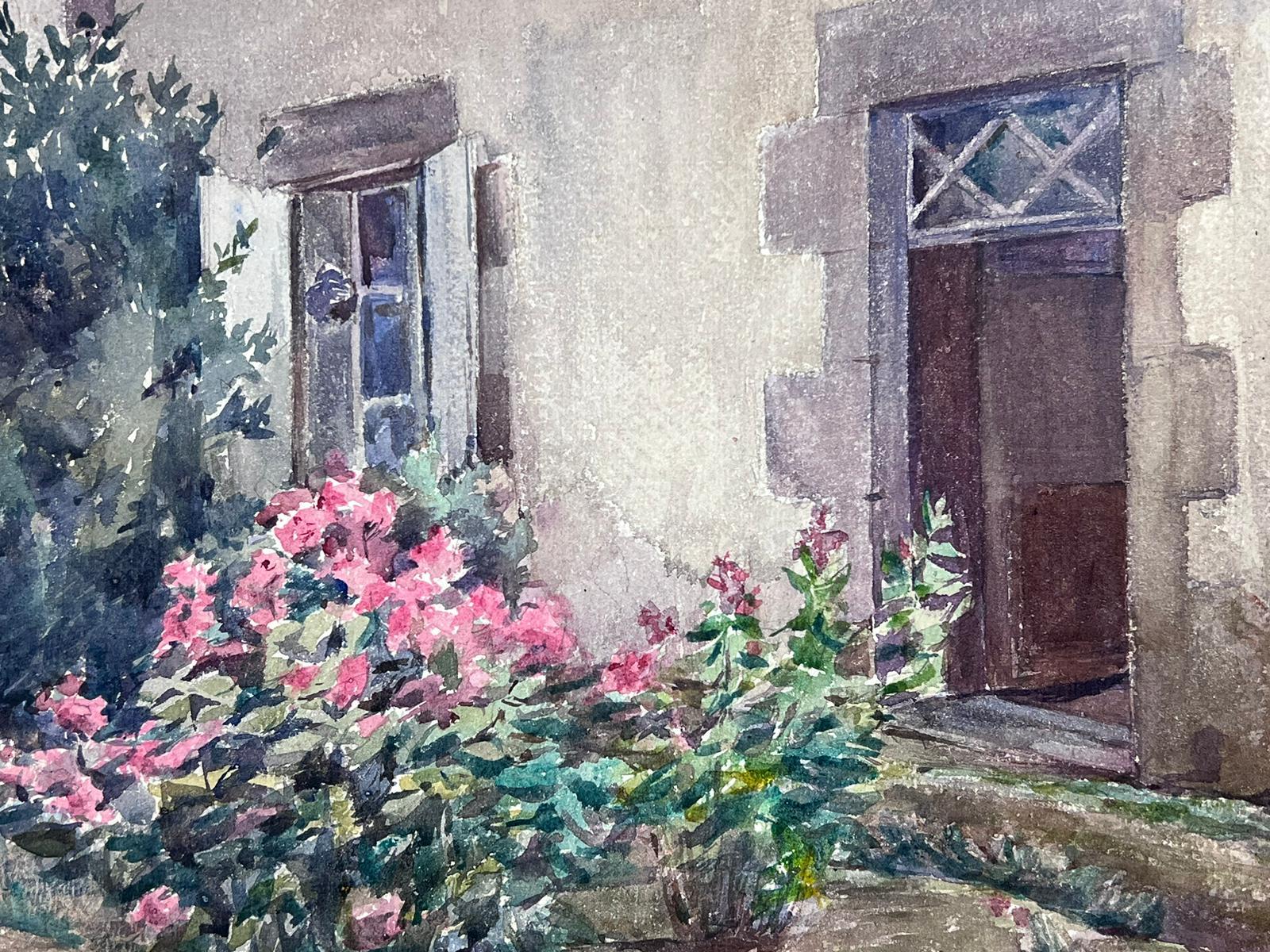 French Impressionist Watercolour Painting Stone Floral Courtyard 3