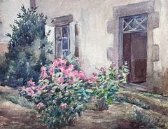 French Impressionist Watercolour Painting Stone Floral Courtyard