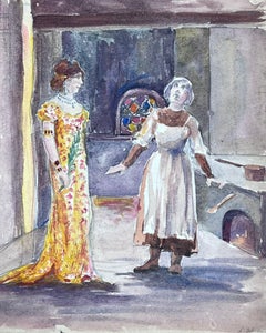 Vintage French Impressionist Watercolour Painting The Lady and The Maid 