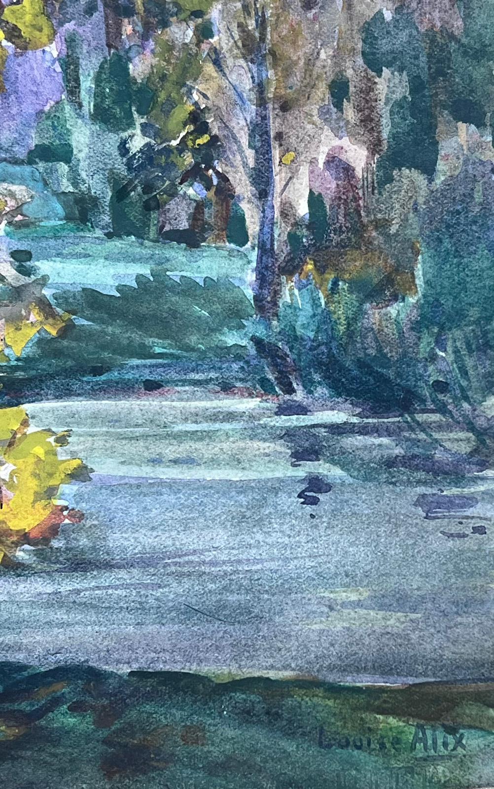 Green Flowing Stream
signed by Louise Alix (French, 1888-1980) *see notes below
provenance stamp to the back 
watercolour painting on artist paper, unframed
measures: 9.5 high by 7.5 inches wide
condition: overall very good and sound, a few scuffs