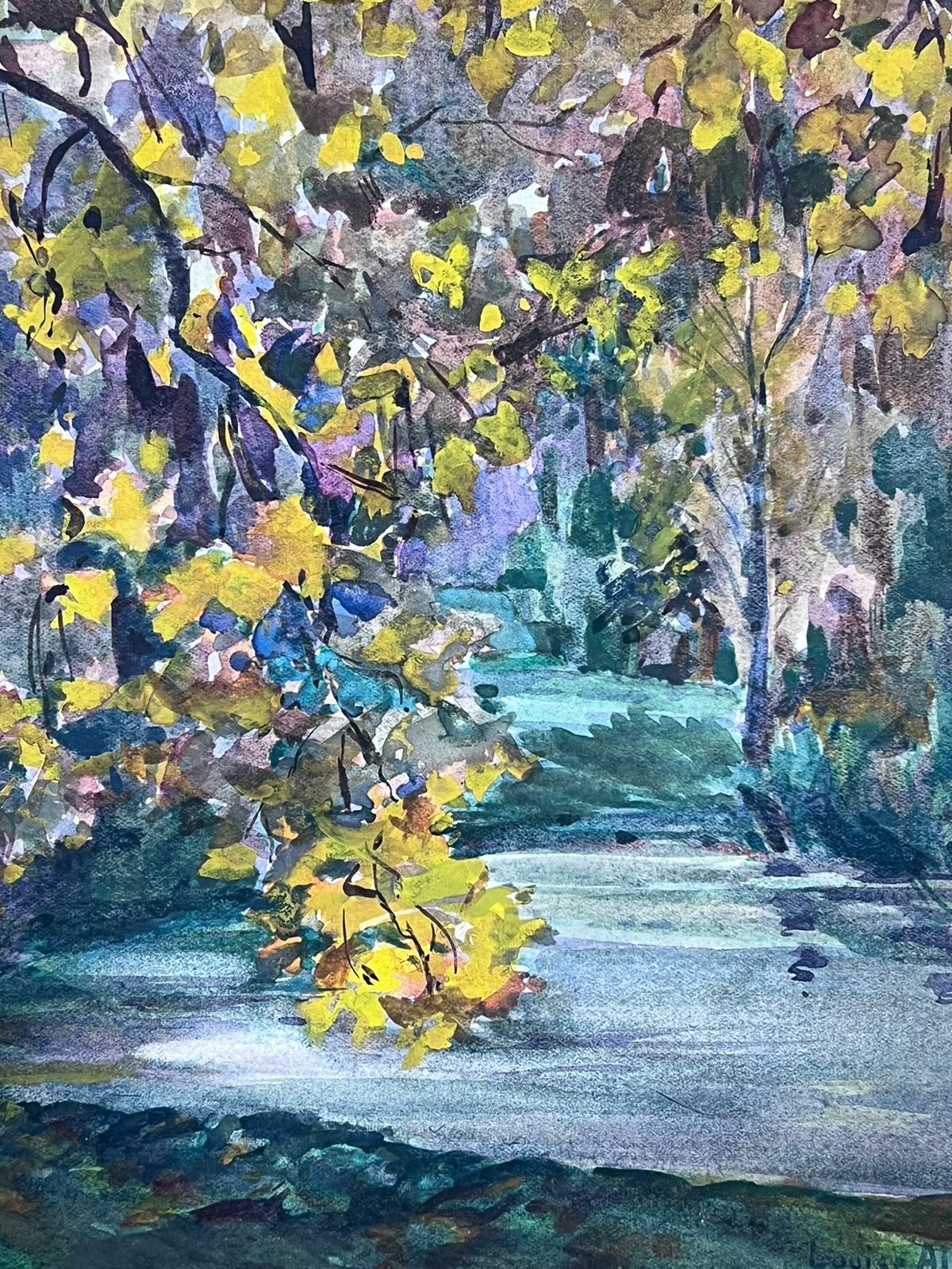 French Impressionist Watercolour Painting Yellow Tree Over Green Stream  For Sale 1