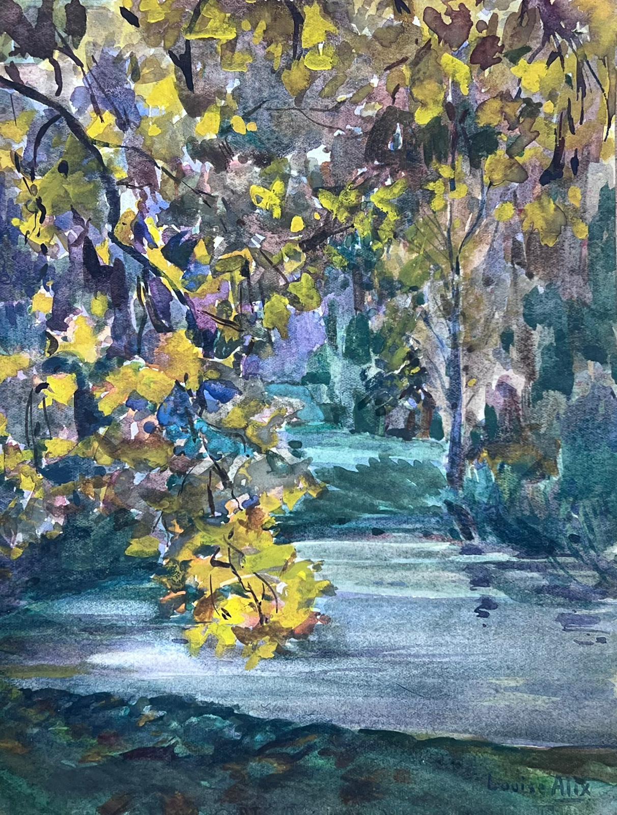 Louise Alix Landscape Painting - French Impressionist Watercolour Painting Yellow Tree Over Green Stream 