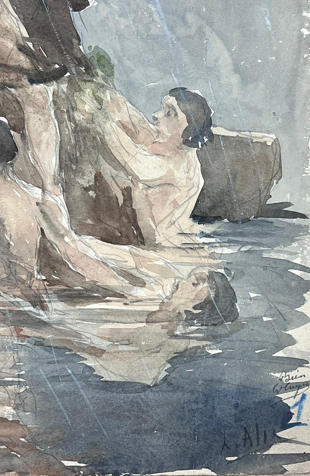 French Impressionist Watercolour Water Fountain Statues Landscape - Painting by Louise Alix