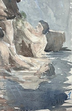 Aquarelle Impressionniste Française Statues Fontaine d'Eau Paysage