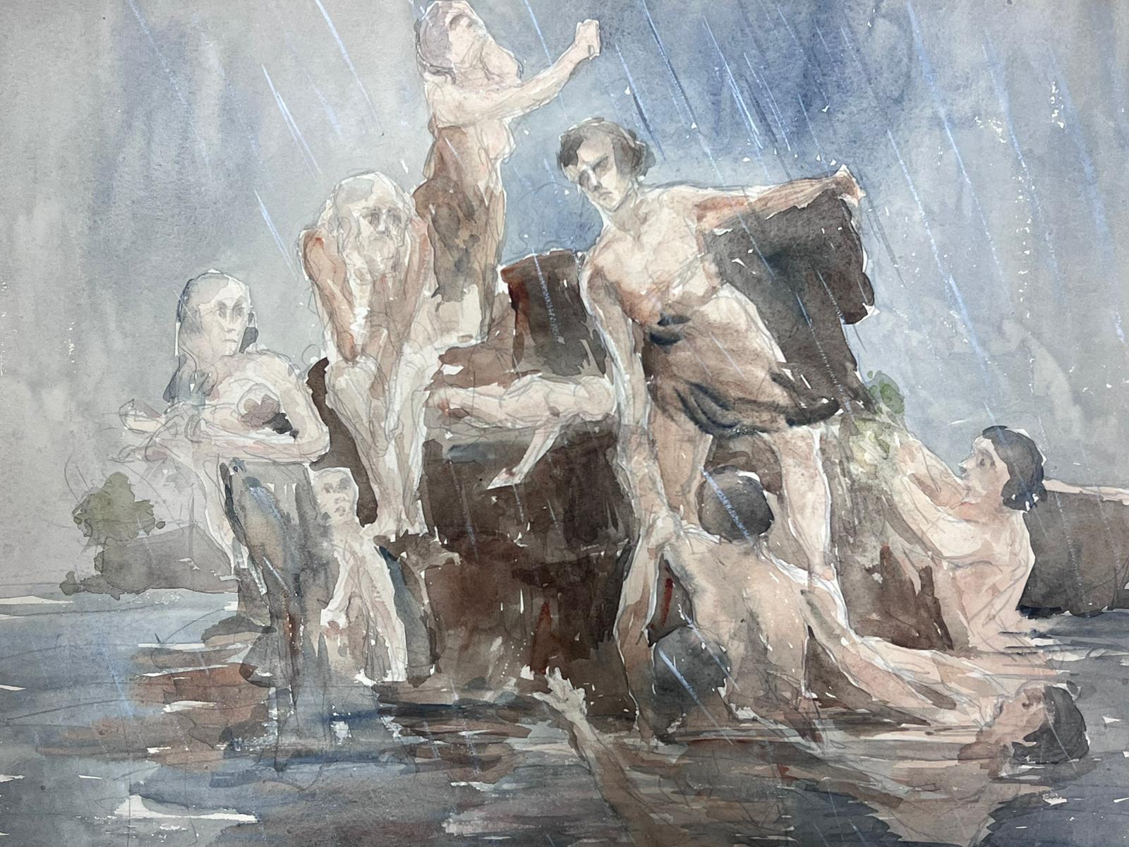 French Impressionist Watercolour Water Fountain Statues Landscape - Gray Landscape Painting by Louise Alix