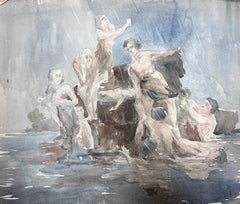 Aquarelle Impressionniste Française Statues Fontaine d'Eau Paysage