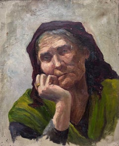 Ritratto modernista francese di una signora con foulard viola e top verde