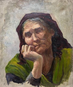 French Modernist Portrait Of a Lady In Purple Headscarf In Green Top