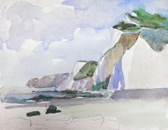 Grass Covered Rocky Coastal Cliffs 1930's French Impressionist