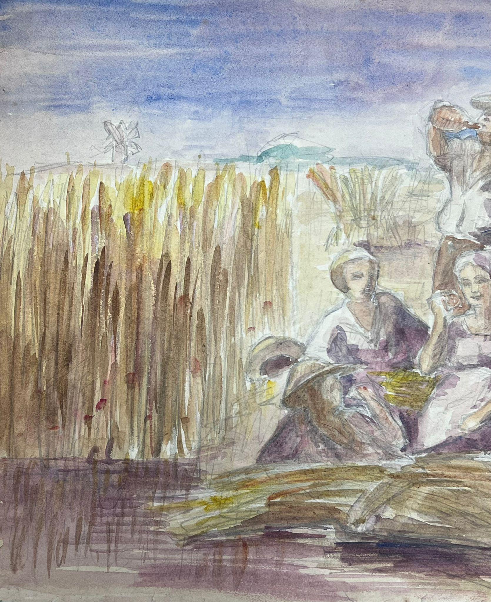 Harvest Farm Workers On Their Lunch Break French Impressionist Landscape - Painting by Louise Alix