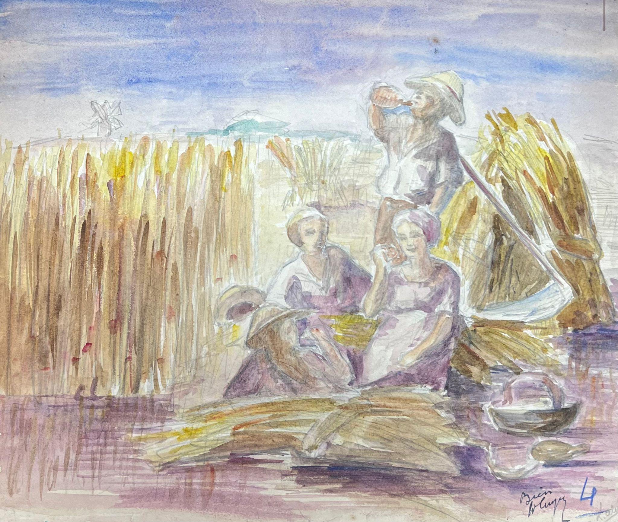 Harvest Farm Workers On Their Lunch Break Französische impressionistische Landschaft (Grau), Figurative Painting, von Louise Alix