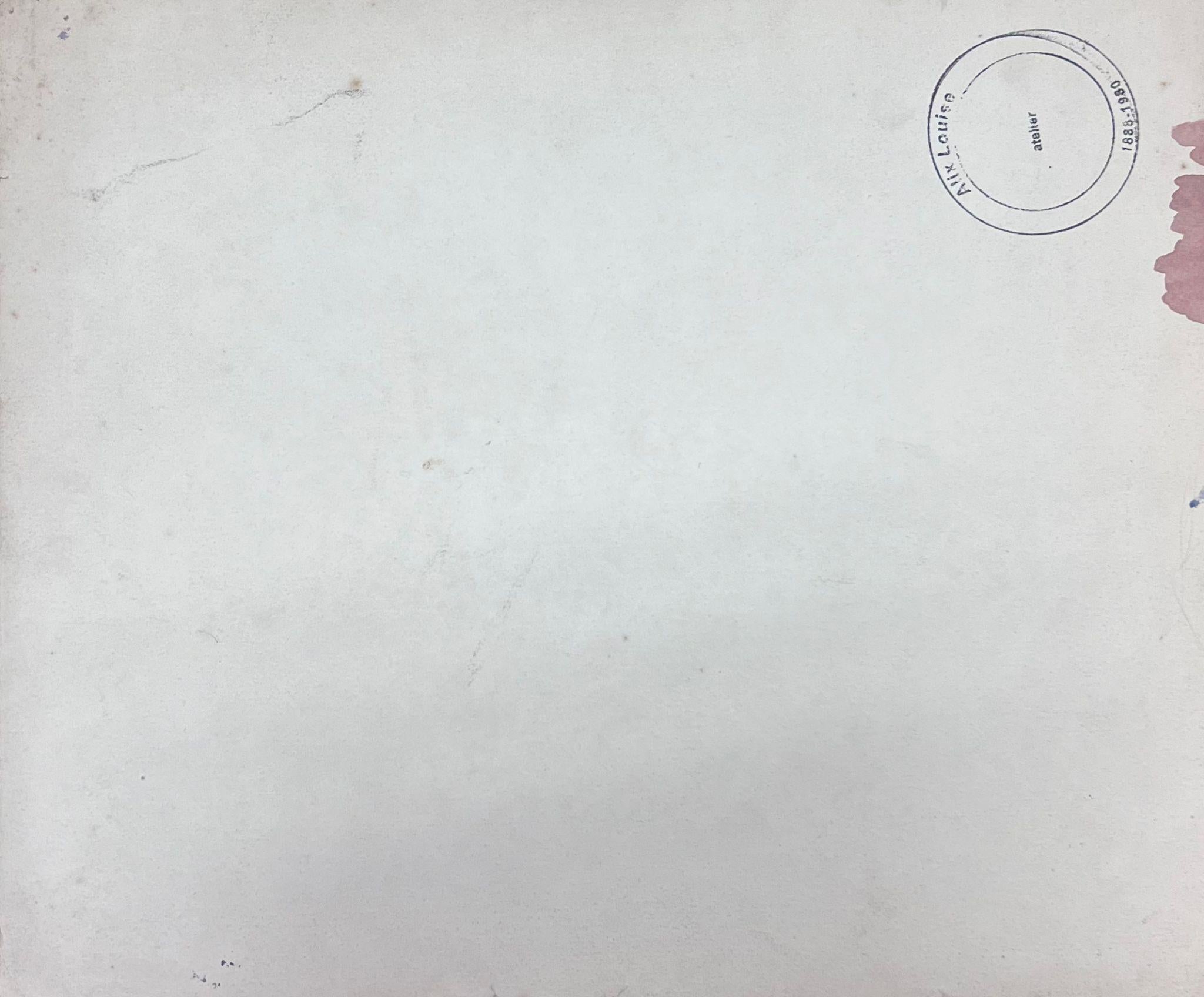Französische Landschaft
von Louise Alix (Französisch, 1888-1980) *siehe Anmerkungen unten
Provenienzstempel auf der Rückseite 
Aquarell auf Künstlerpapier, ungerahmt
Maße: 9 hoch und 11 Zoll breit
Zustand: insgesamt sehr gut und solide, ein paar