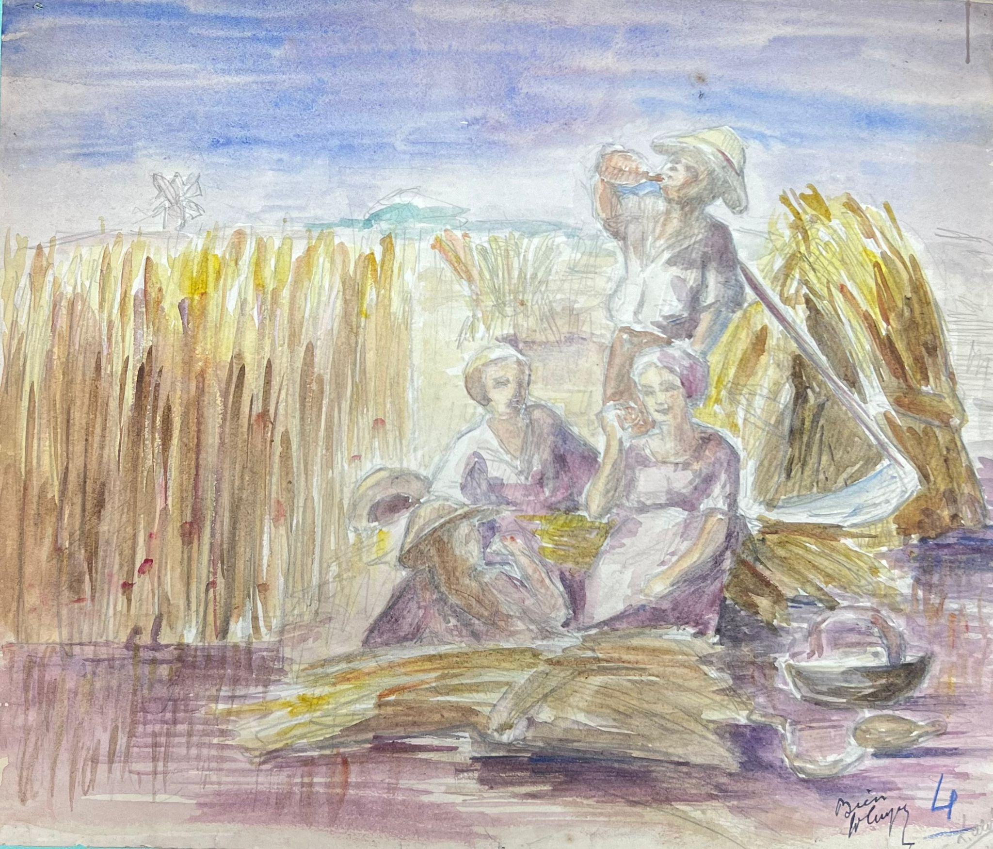 Louise Alix Figurative Painting - Harvest Farm Workers On Their Lunch Break French Impressionist Landscape