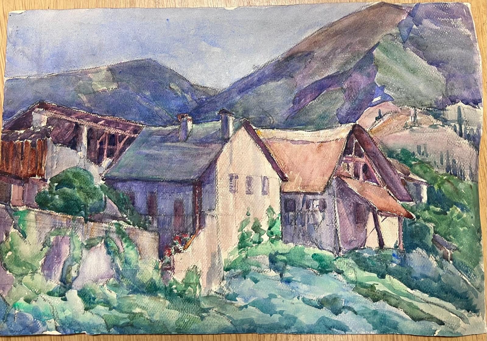 Houses In The Mountains 1930's French Impressionist Watercolour   - Painting by Louise Alix