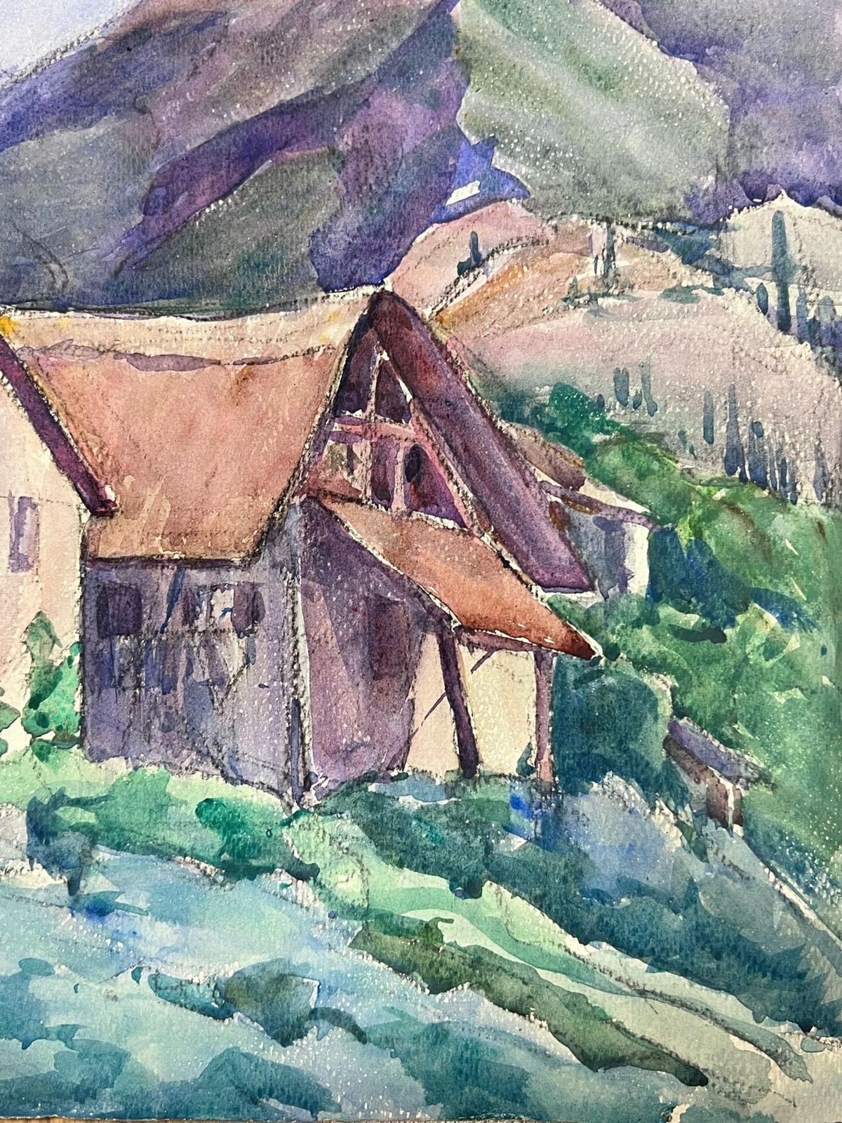 Houses In The Mountains 1930's French Impressionist Watercolour   - Gray Landscape Painting by Louise Alix