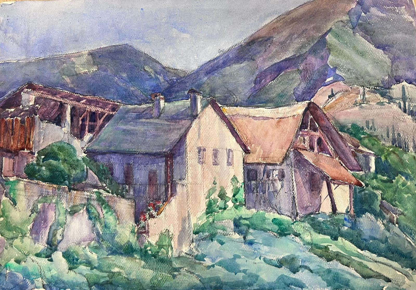 Louise Alix Landscape Painting - Houses In The Mountains 1930's French Impressionist Watercolour  