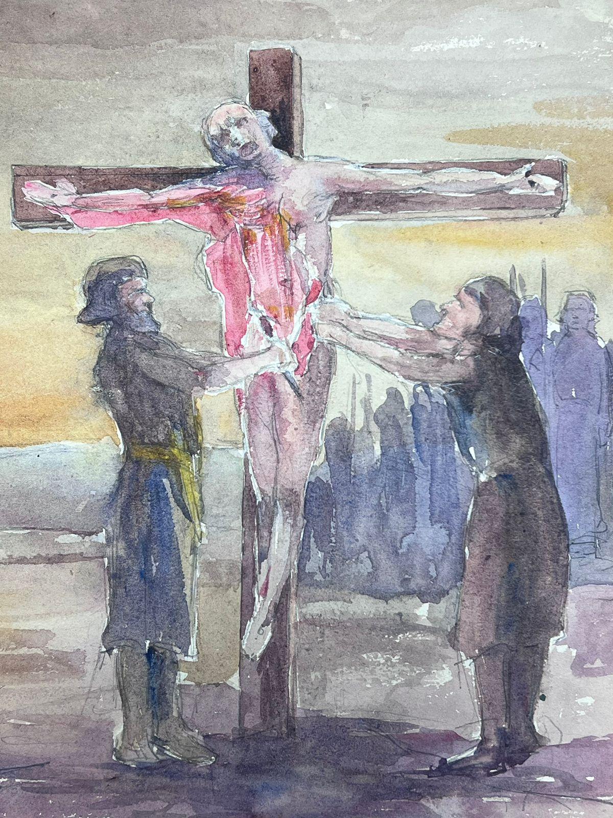 Die Kreuzigung
von Louise Alix (Französisch, 1888-1980) *siehe Anmerkungen unten
Provenienzstempel auf der Rückseite 
signiertes Aquarell auf Künstlerpapier, ungerahmt
Maße: 11,75 hoch und 8 Zoll breit
Zustand: insgesamt sehr gut und solide, ein