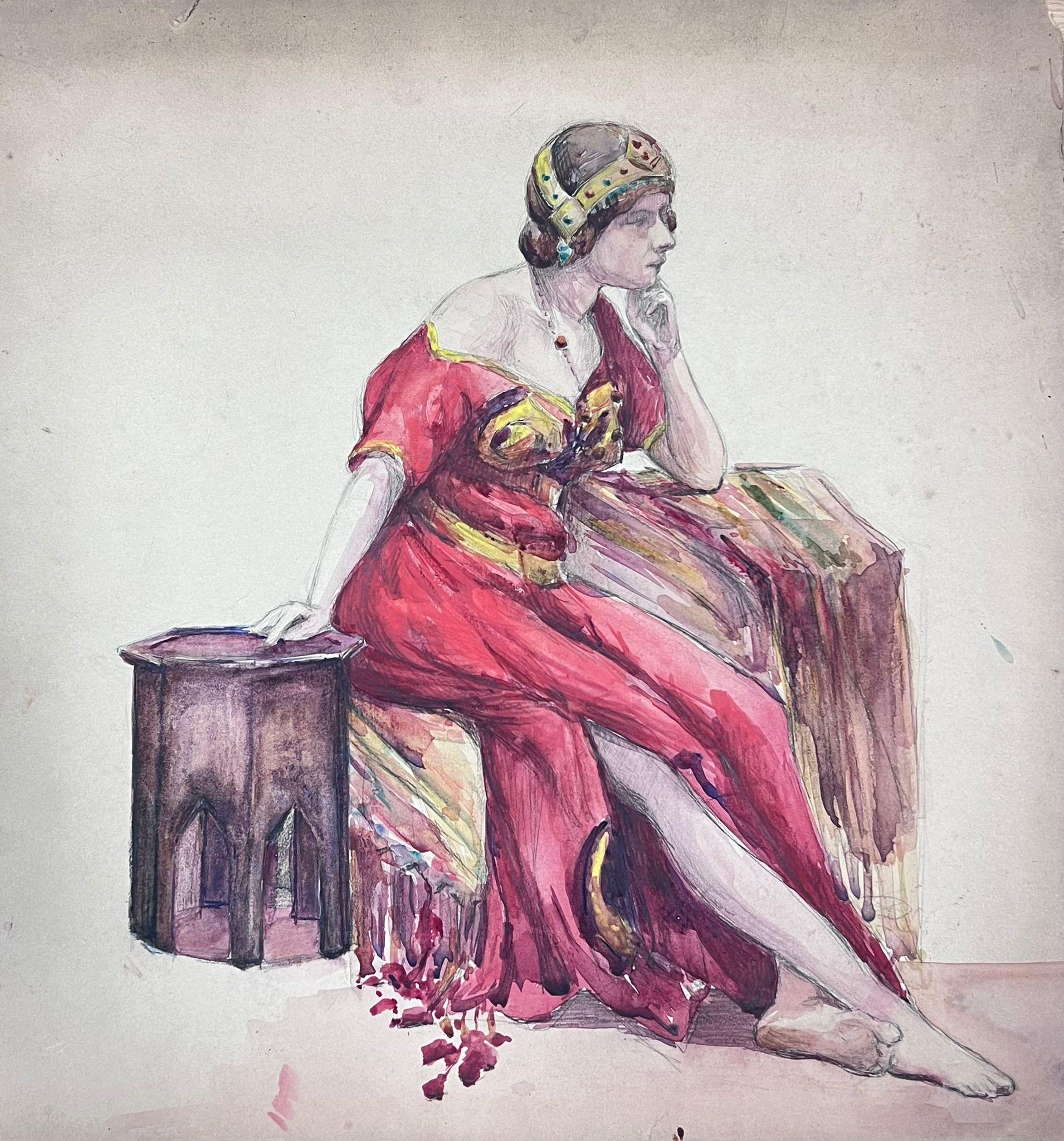 Lady In einem ägyptischen roten schulterfreien Kleid mit Posed – Painting von Louise Alix