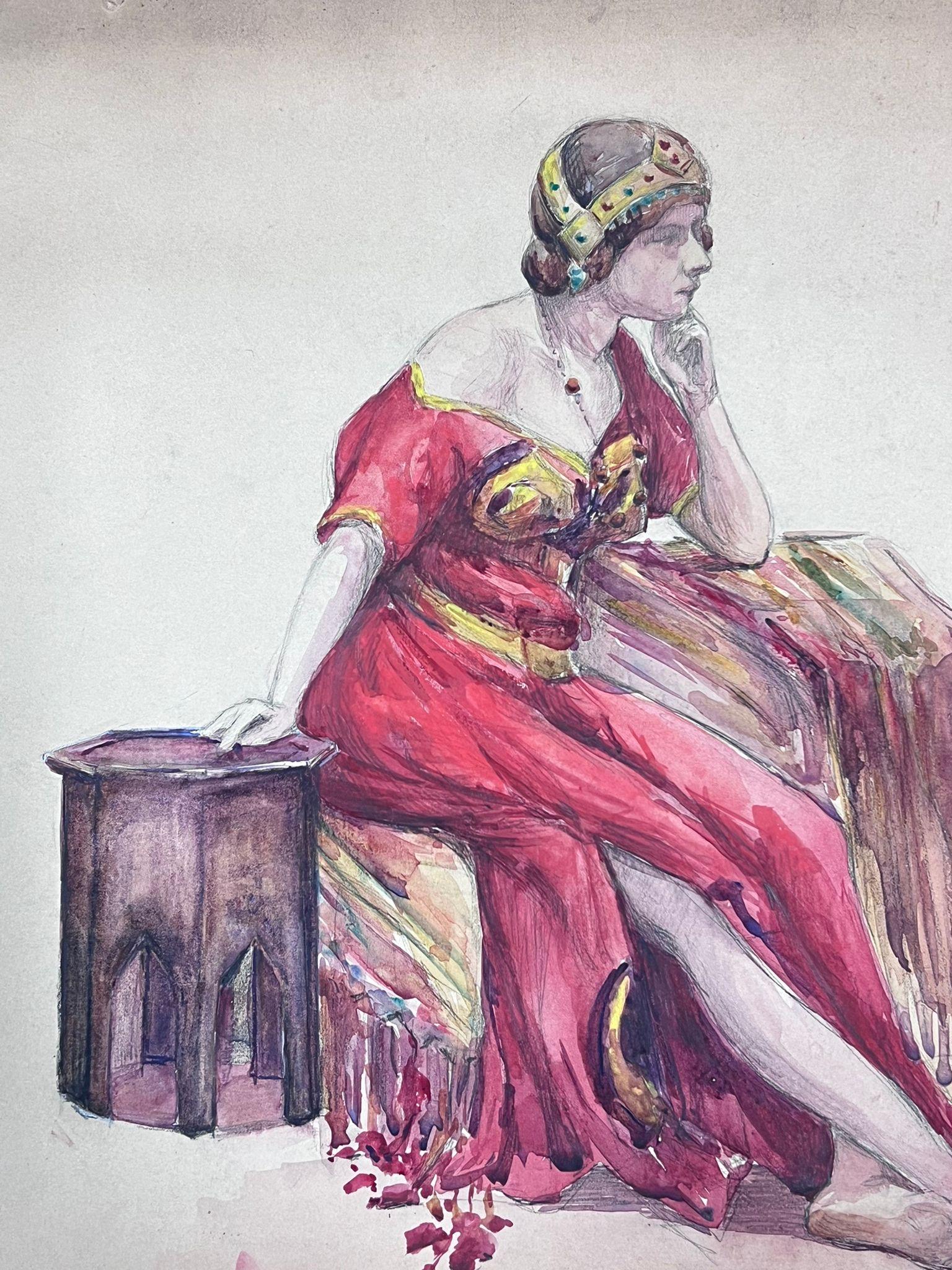 Lady In Red
by Louise Alix (French, 1888-1980) *see notes below
provenance stamp to the back 
watercolour painting on artist paper, unframed
measures: 13.75 high by 13 inches wide
condition: overall very good and sound, a few scuffs and marks to the